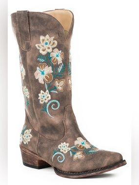 Roper Women’s Cowboy Boot Vintage Brown Faux Leather with Floral Size 11